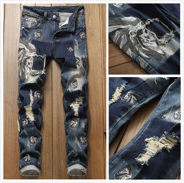 

men's retro jeans men's straight slim stretching holes trousers black retro jeans new head embroidered pant, Blue