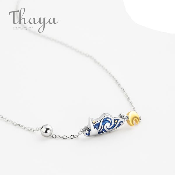 

thaya s925 серебро изумрудное ожерелье ван гога блеск небо золотая луна звезда ожерелье чешские старинные украшения для женщин t190626, Silver
