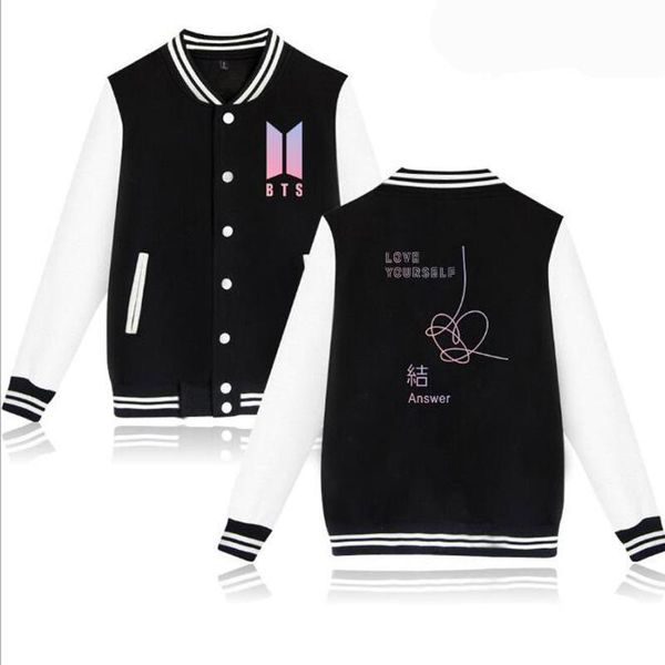 

bts love yourself answer album zip up baseball uniform bomber jacket women men harajuku sweatshirt winter fashion hip hop hoodie, Black