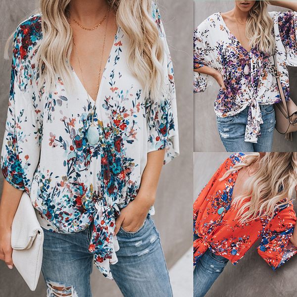 

Summer fa hion floral chiffon women hirt loo e half leeve v neck floral knot hirt batwing leeve lady ca ual t hirt