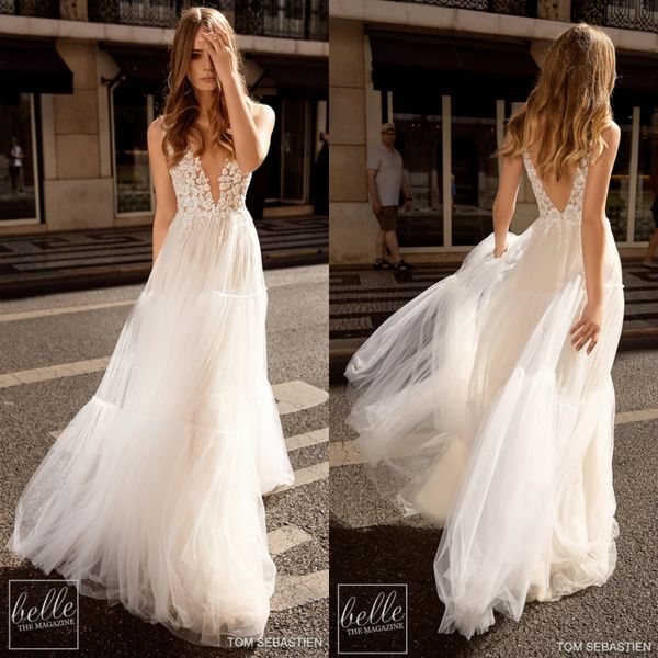 

2019 berta boho wedding dresses deep v neck backless a line sweep train lace appliques beach wedding dress custom made bridal gowns, White