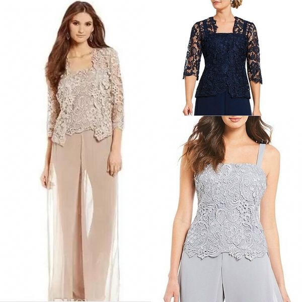 

vintage silver plus size mother of bride pant suit with lace jacket chiffon formal mothers outfit special occasion mother's garment dh5, Black;red