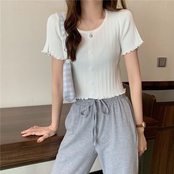 

sweet lace t-shirt lace sweater round collar short sleeve sweater 2020 slim versatile double-breasted short navel t-shirt female, White