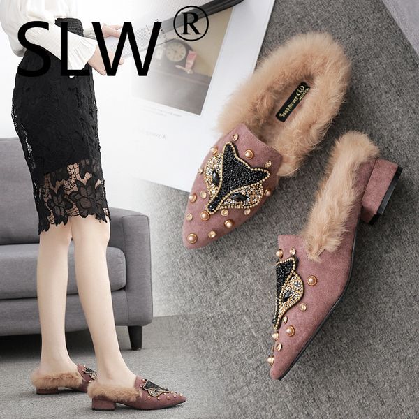 

fox crystal decorate thick square heel fur shoes mules female european design pointed toe pearl rivets lazy shoes woman slip on, Black