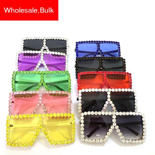

wholesale oversized sunglasses luxury square diamond designer shades for women 2020 fashion ladies rhinestone glasses eyeglasses, Blue