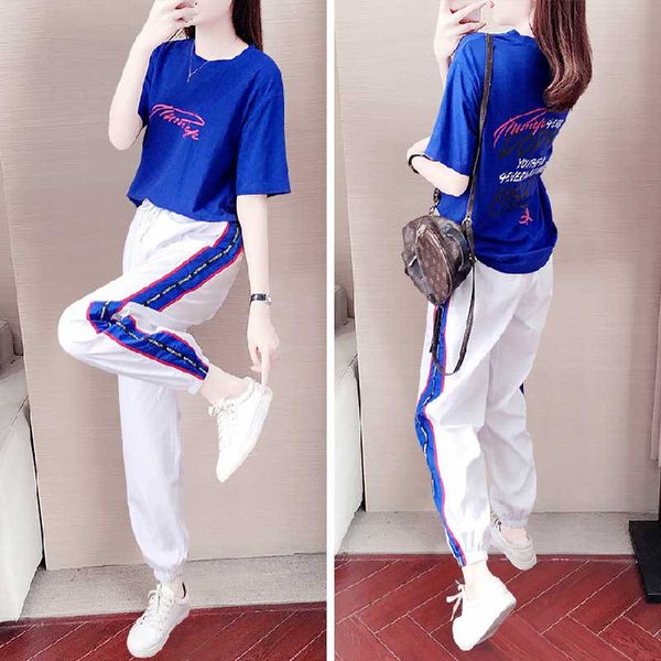 

2020 новый спортивный костюм женский иностранная мода модные свободные корейские повседневные брюки две части тонкий женский комплект лето, White