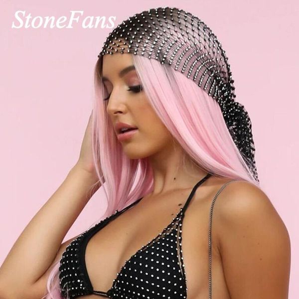 

stonefans handmade bling crystal head scarf tassel jewelry for women fashion rhinestone head accessories black headband hollow, Golden;white