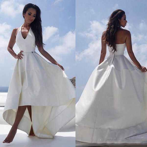 Discount Elegant Satin High Low Beach Summer Wedding Dresses 2019 Sexy Halter V Neck Sexy Backless Reception Dress For Women Bridal Party Gowns