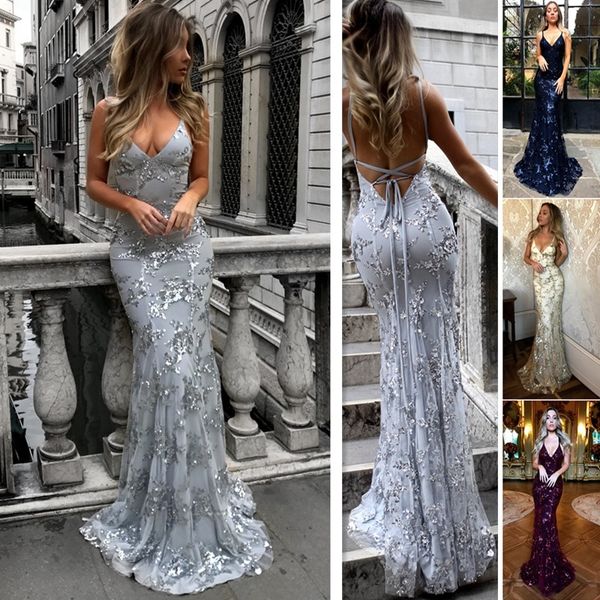 

2019 new womens v neck slim fit condole belt sequins sleeveless backless party evening long dress, White;black