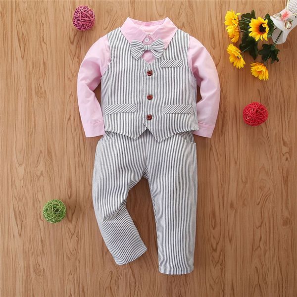 

kids clothing boy clothes set 2-7year toddler kids baby boys bow tie+solid shirt+ stripe pants overalls gentleman style suit, White