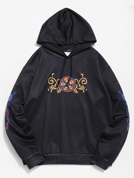 

zaful floral dragon print coat long sleeve loose hoodie men sweatshirts hooded pullover male oversize female shirt, Black