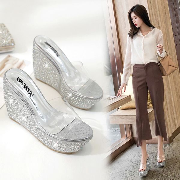 

slippers casual female shoes transparent heel on a wedge peep toe glitter slides shose women low platform luxury 2020 summer, Black