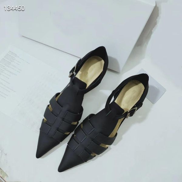 

french designer's new high-heeled shoes, pointy cut-out sandals and beach roman shoes, Black