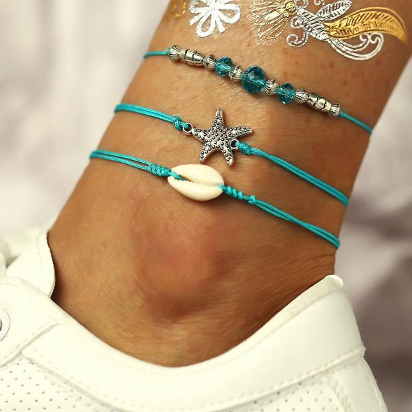 

european and american new anklet creative bohemian starfish shell blue bead anklet set three-piece anklets for women, Red;blue