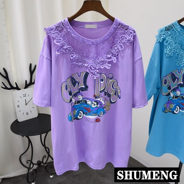 

streetwear с короткими рукавами футболки лета женщин вокруг шеи 100% хлопок кружево строчка сыпучие вскользь printed tee shirt base student, White