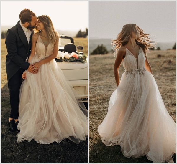 

elegant boho wedding dresses v neck tulle bridal gown floor length beaded waist princess bohemian wedding dress cheap, White