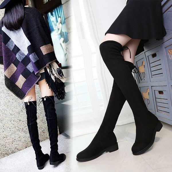 

overknee boots high elastic boots woman head flat bottom, Black