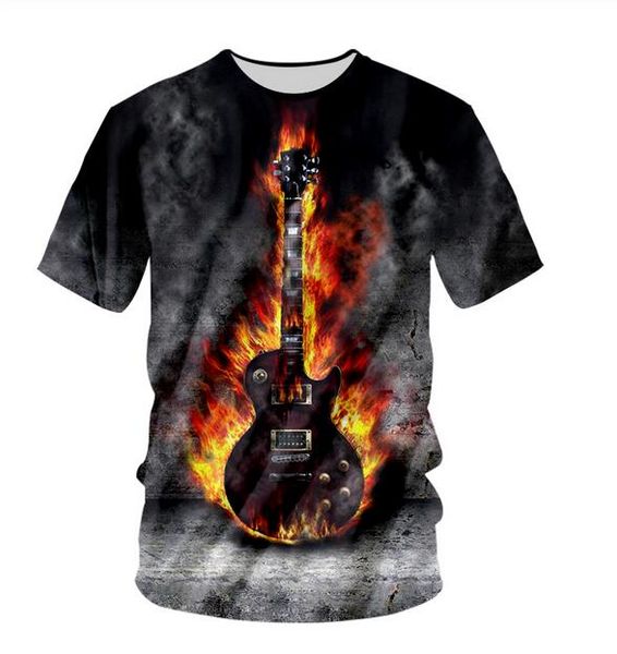 

wholesale-new harajuku men fashion 3d print flame guitar t-shirt man hip hop tshirt o-neck tees td0174, White;black