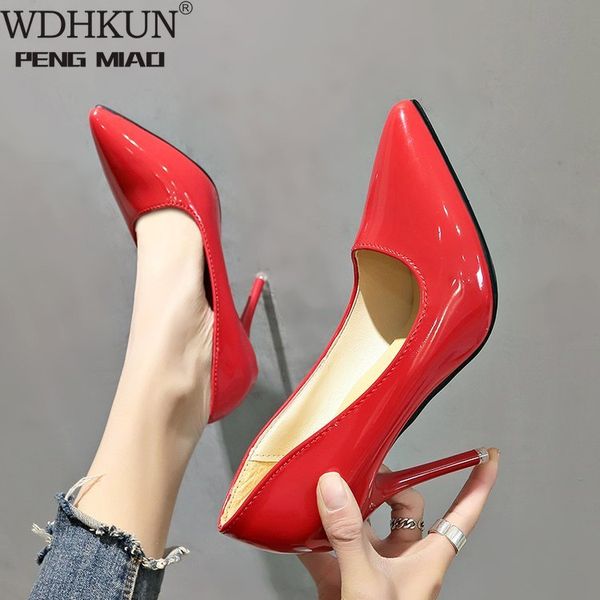 

2020 women shoes pointed toe pumps patent leather dress high heels boat wedding zapatos mujer blue wine red plus size 34-43, Black