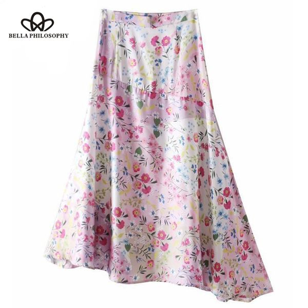 

2019 summer irregular hem satin skirts floral printing high waist long skirt side split streetwear wonder store, Black