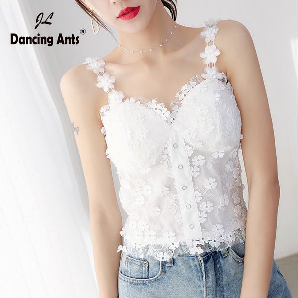 

woman lace sling vest sleeveless backless hollow out embroidery slim vests 2020 summer new female solid short tank top, White