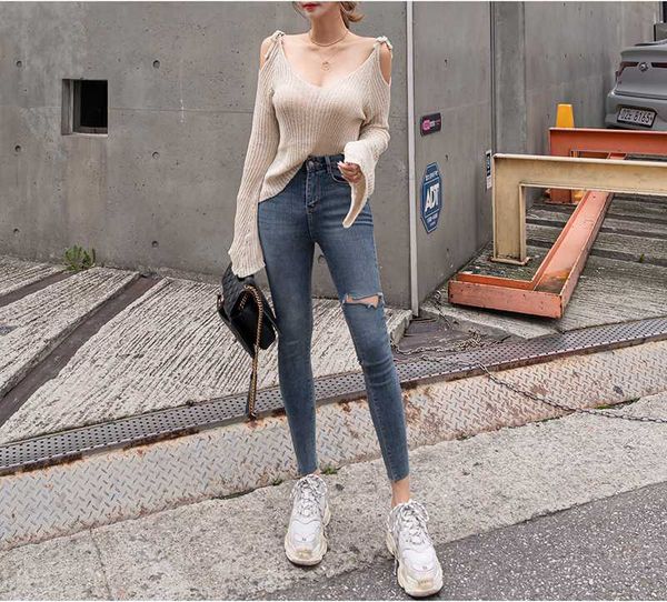 

women's jeans 2021 leisure fashion large button flight high waist pants elastic tights hole, Blue