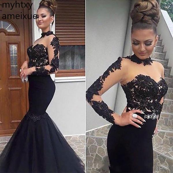 

arabic black plus size long sleeves tulle mermaid evening dresses lace applique floor length formal party carpet run away, White;black