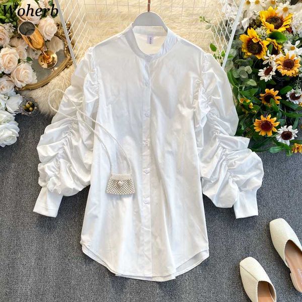 

woherb oversized solid color blouse o neck long puff sleeve pleated design loose shirts women fashion new blusas 91497, White