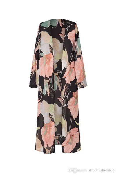 

womens new designer casual printed chiffon long cardigan beach blouse summer fashion long sleeve famale sunscreen, White