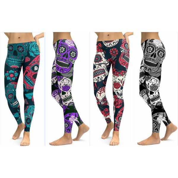

women's crystal sport yoga pants slim elastic printing dyeing floral thin hip pencil skull heads long casual trousers, Black;white