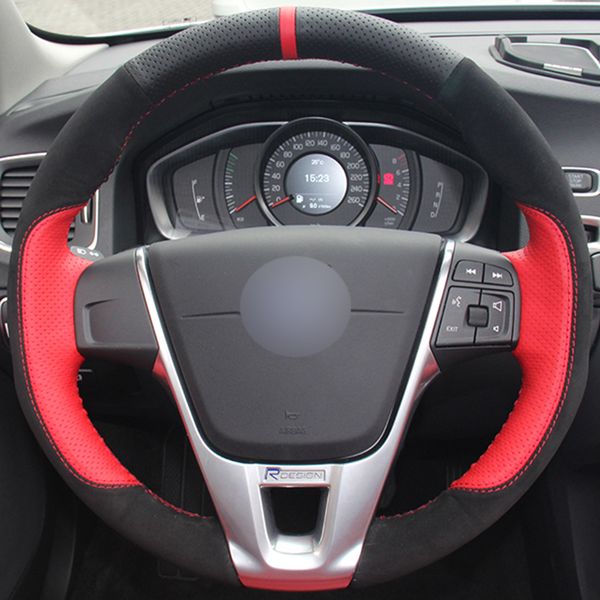 

black red genuine leather black suede red marker car steering wheel cover for volvo s60 v40 v60 v70 2014 xc60