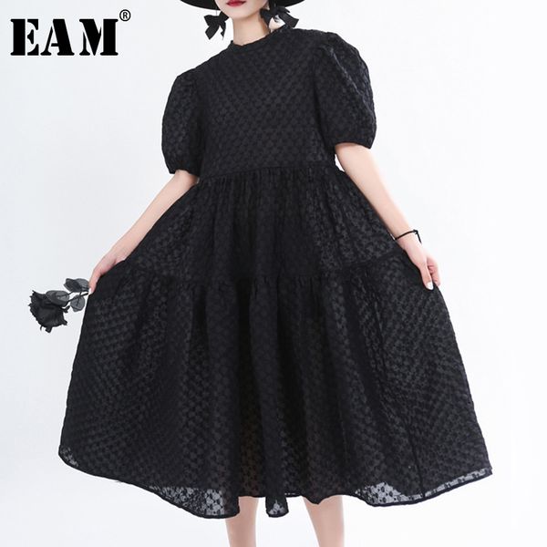 

eam] women black pattern printed temperament dress new round neck puff sleeve loose fit fashion tide spring summer 2020 1t929, Black;gray