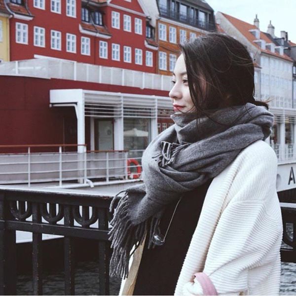 

2019 8 colors women warm winter thick wool fashion cashmere tassels large luxury solid female soft scarf lady shawl scarves, Blue;gray