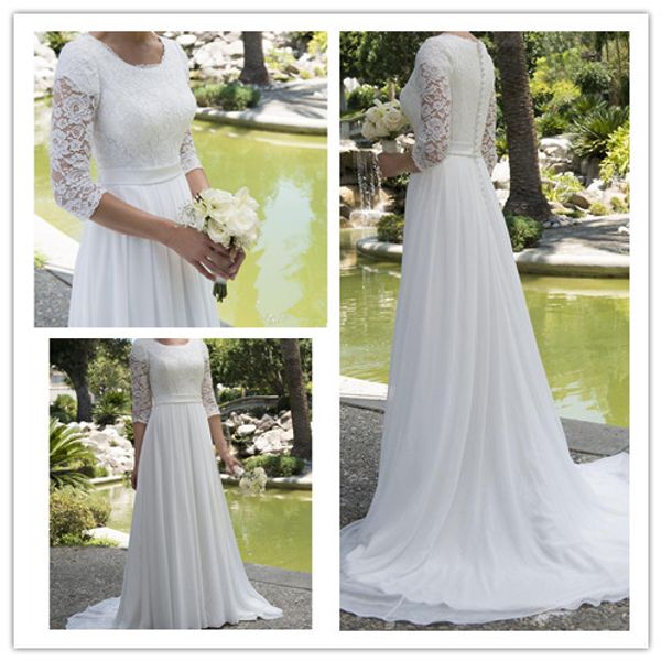 Discount Bride Elegant New Lace Chiffon Modest Beach Wedding Dresses With 34 Sleeves Scoop Neck Reception Bridal Gowns 2015 Wedding Dresses A Line