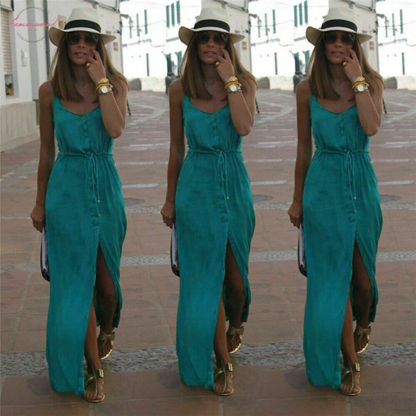 

2020 fashion party maxi dress women v neck sleeveless high split strap sleeveless slim long bodycon club summer dress vestidos, Black;gray