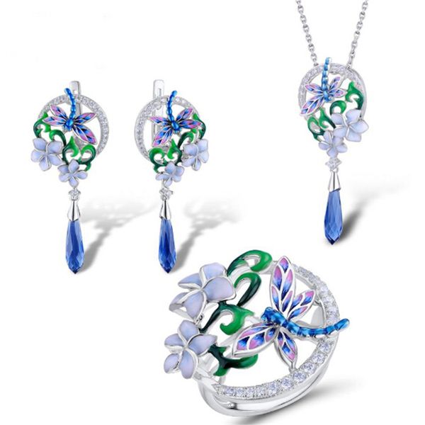 

925 sterling silver jewelry set dragonfly flower ring earrings pendant necklaces set fashion jewelry handmade enamel gift