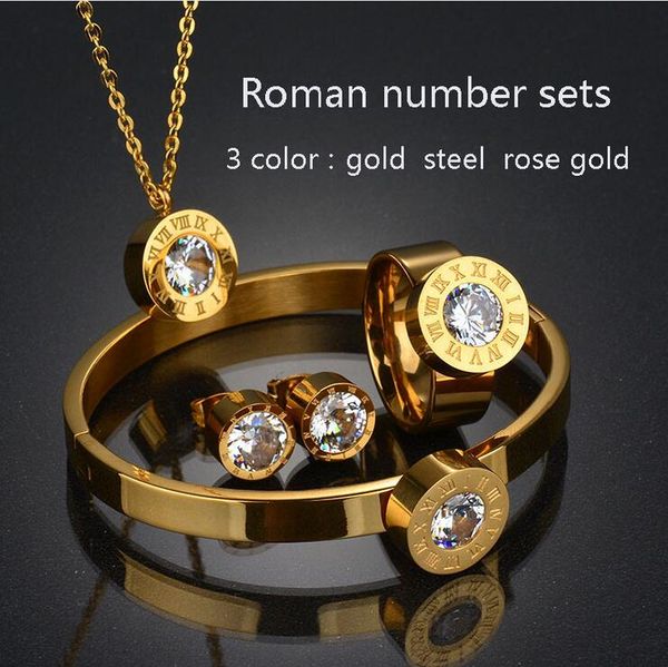 

нержавеющая сталь дубай cz кольцо браслет серьги ожерелье набор розовое золото цвет cz камень комплект ювелирных изделий для женщин, Silver