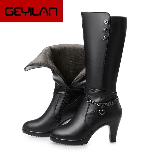 

woman boots high heels 2019 genuine leather motorcycle boots fur warm winter female fashion women shoes, Black