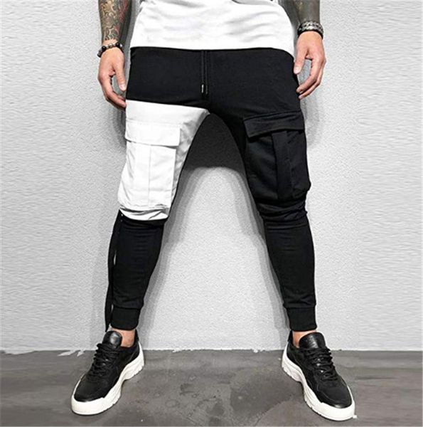 

spring mens designer pants running fitness more pocket panelled pencil pants casual sports style male clothing, Black