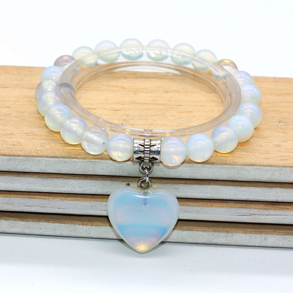 

trendy-beads silver plated cute heart connect 8 mm opalite opal round beads elastic bracelet for lovers gift, Black