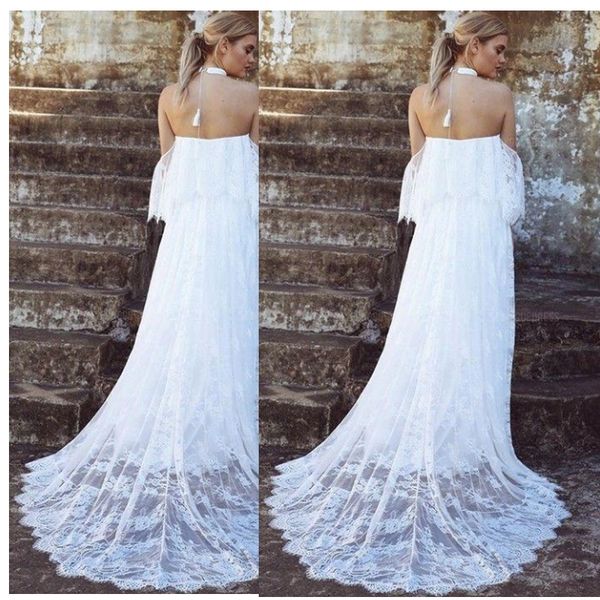 

boho full lace wedding dresses off shoulder short sleeve elegant outdoor wedding bohemian bridal gowns 2020 vestido de noiva, White
