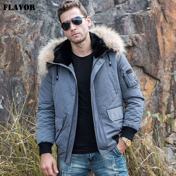 

flavor men's blue real fur parka with removable rex fur liner raccoon hood men winter warm down coat, Black