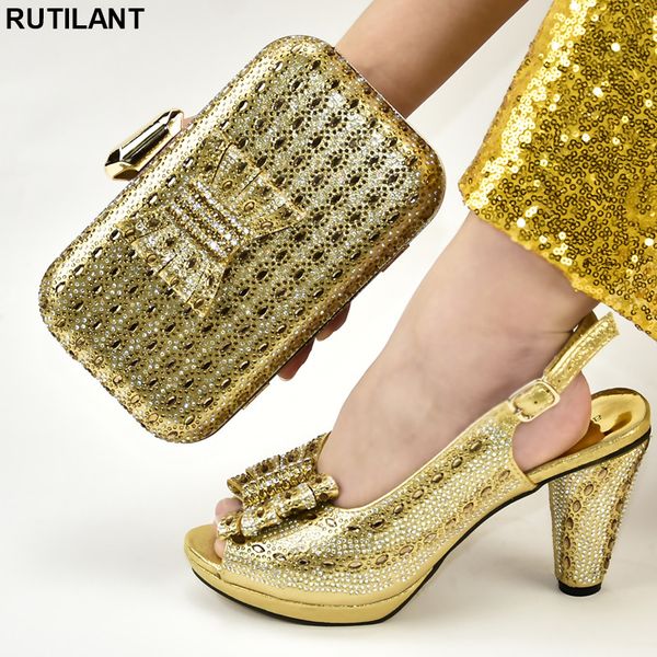 

latest design gold color italian matching shoe and bag set rhinestone gold shoe and bag set for party in women, Black