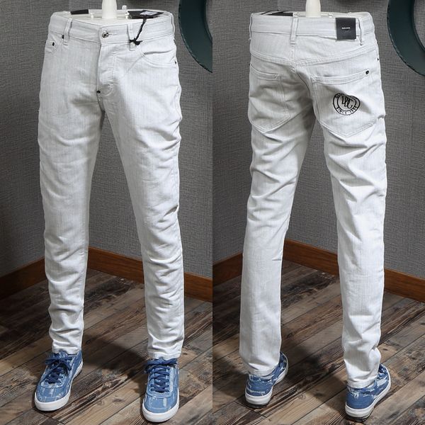 

man tidy biker fit gray jeans fashion design letters embroidered buttons closure faded cowboy trousers cool guy, Blue