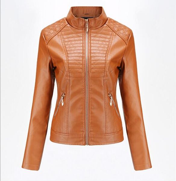 

new pu women's leather casual spring and autumn coat solid color motorcycle women's leather jacket, Black