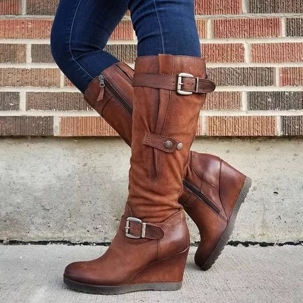 

women knee high boots chaussure booties high heels vintage pu leather gladiator wedges shoes woman zapatos mujer sapato h828, Black