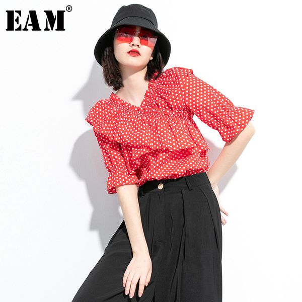 

eam] women dot ruffles split temperament blouse new v-collar half sleeve loose fit shirt fashion tide spring summer 2020 1u015, White