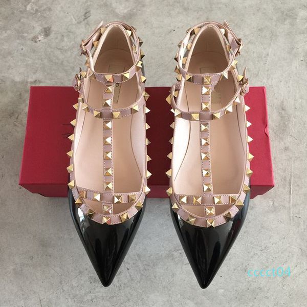 

brand women pumps pointed toe flat fashion women shoes rivets genuine leather ankle strap sandals shoes 35-41 ct04, Black