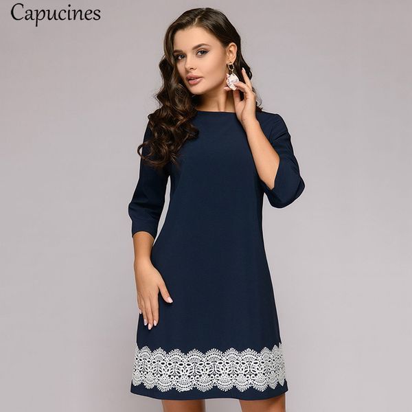 

lace patchwork women dress autumn round neck three quarter sleeve navy blue mini dresses minimalist casual straight dress, Black;gray