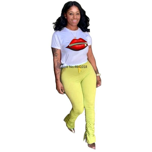 

2020 women sets summer tracksuits sporty o-neck mouth print +pants suit two piece set night club outfits 2 pcs street, White